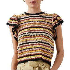 Rails Opal Top Neutral Color Knot Stripes Crochet Short Sleeve Size L Sweater